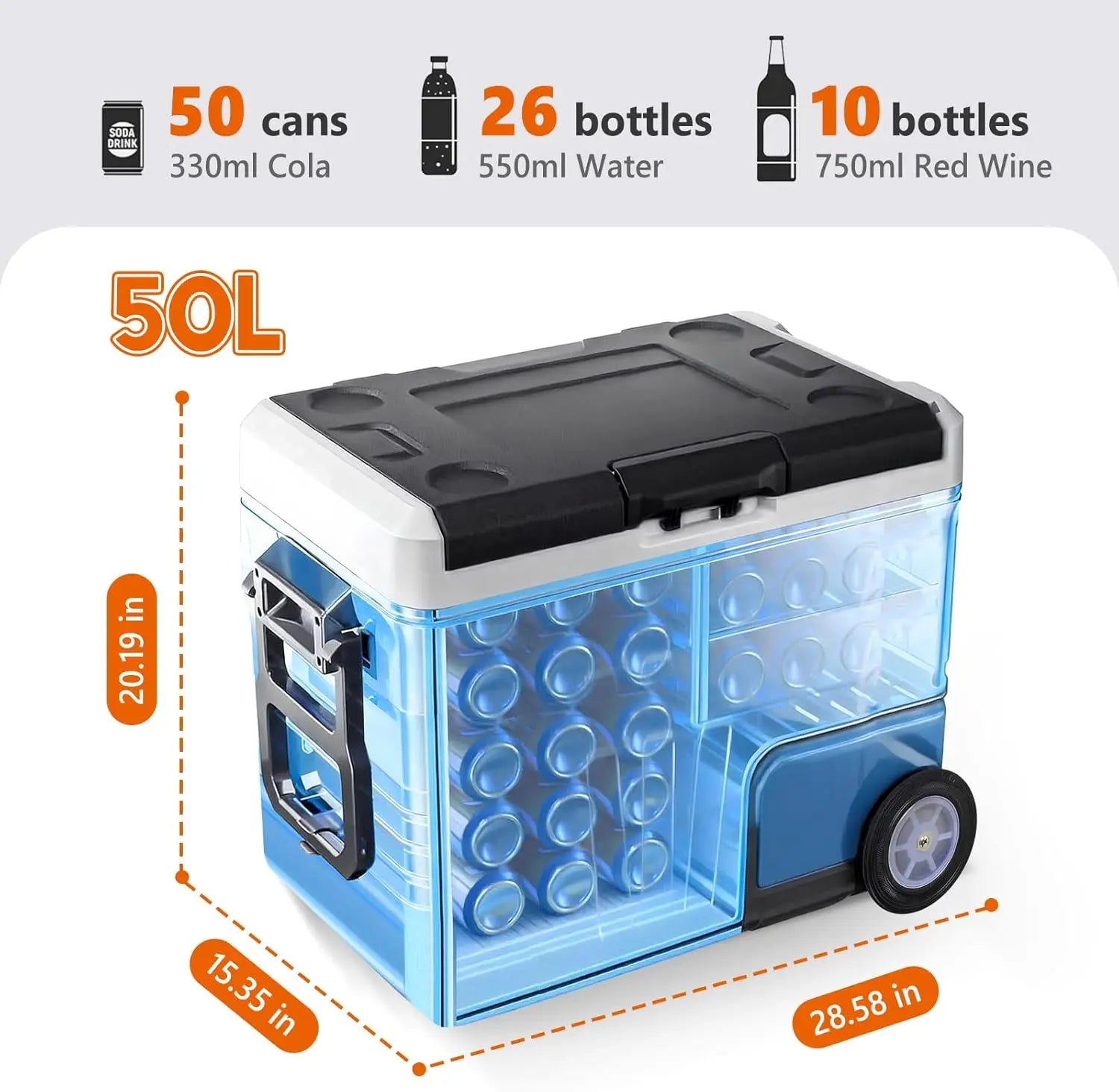 53QT Extra Large Dual Zone Portable Car Refrigerator with Wheels & Cutting Board, -4°F Freezer, Bluetooth 12V/24V DC & AC Powered Cooler for Camping & RV