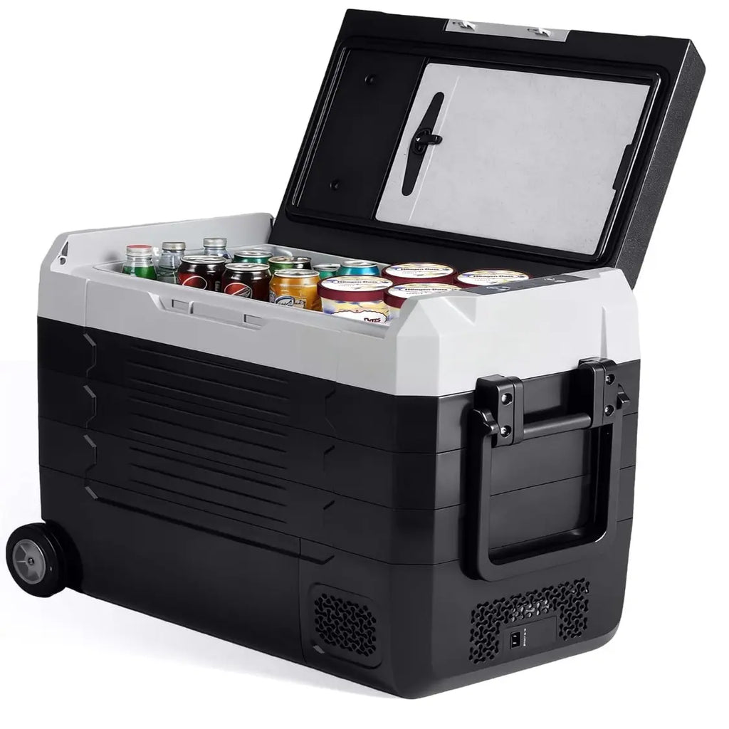 53QT Extra Large Dual Zone Portable Car Refrigerator with Wheels & Cutting Board, -4°F Freezer, Bluetooth 12V/24V DC & AC Powered Cooler for Camping & RV