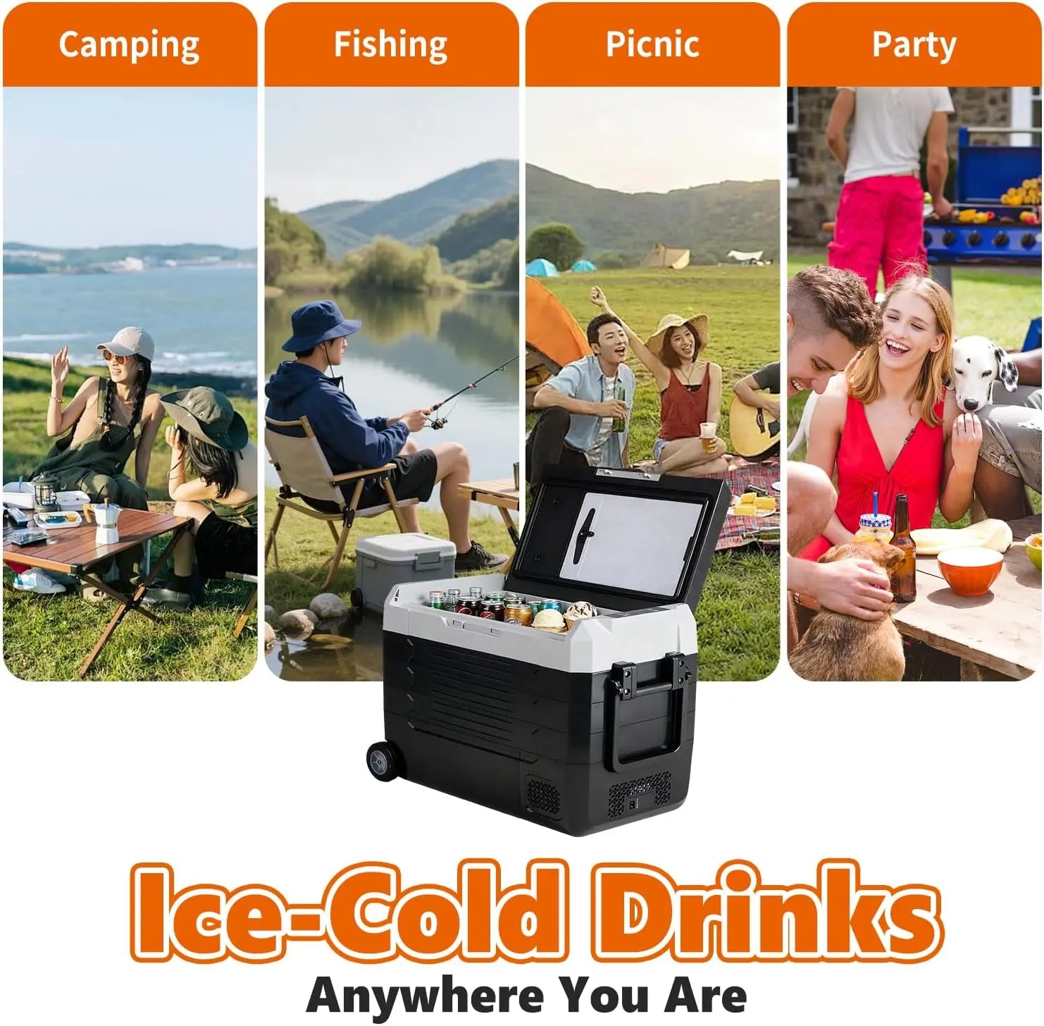 53QT Extra Large Dual Zone Portable Car Refrigerator with Wheels & Cutting Board, -4°F Freezer, Bluetooth 12V/24V DC & AC Powered Cooler for Camping & RV