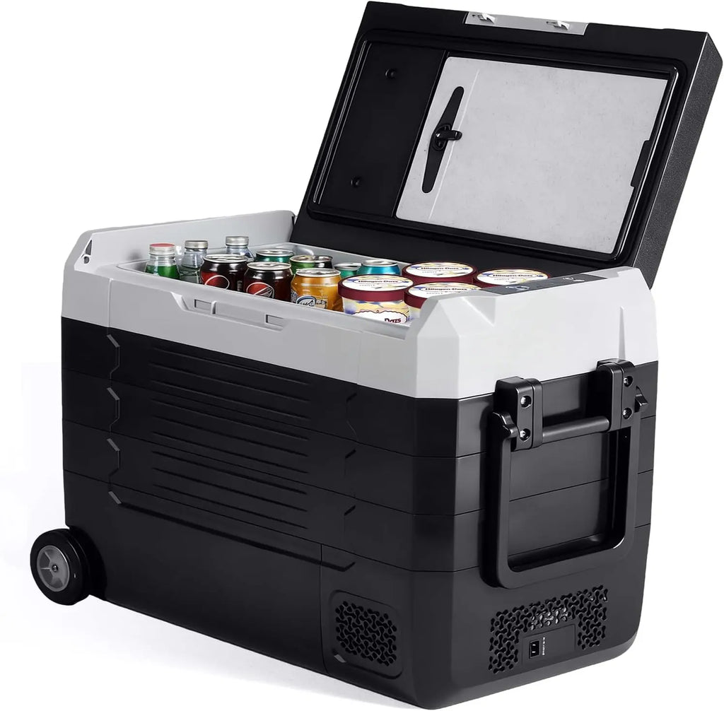 53QT Extra Large Dual Zone Portable Car Refrigerator with Wheels & Cutting Board, -4°F Freezer, Bluetooth 12V/24V DC & AC Powered Cooler for Camping & RV