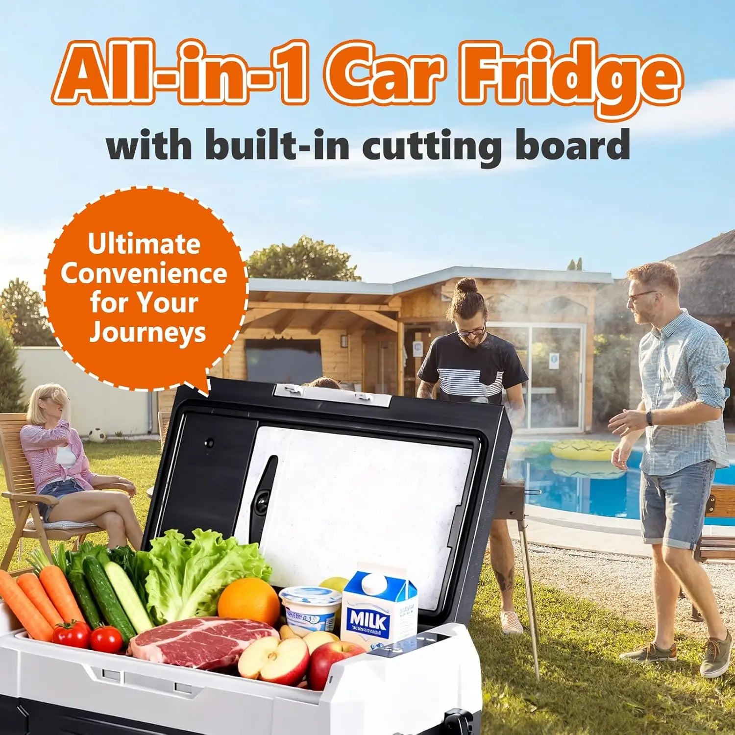 53QT Extra Large Dual Zone Portable Car Refrigerator with Wheels & Cutting Board, -4°F Freezer, Bluetooth 12V/24V DC & AC Powered Cooler for Camping & RV